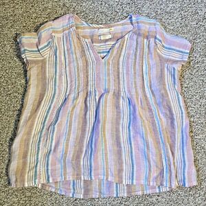 C&C California Womens Blouse Shirt Size L 100% Linen Striped Beach Boho Crochet